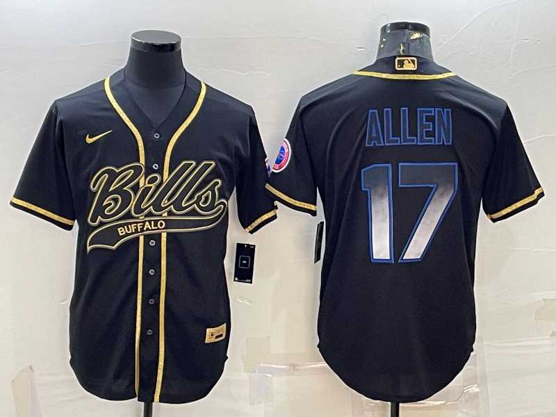 Mens Buffalo Bills #17 Josh Allen Black Gold Vapor Smoke With Patch Cool Base Stitched Baseball Jersey